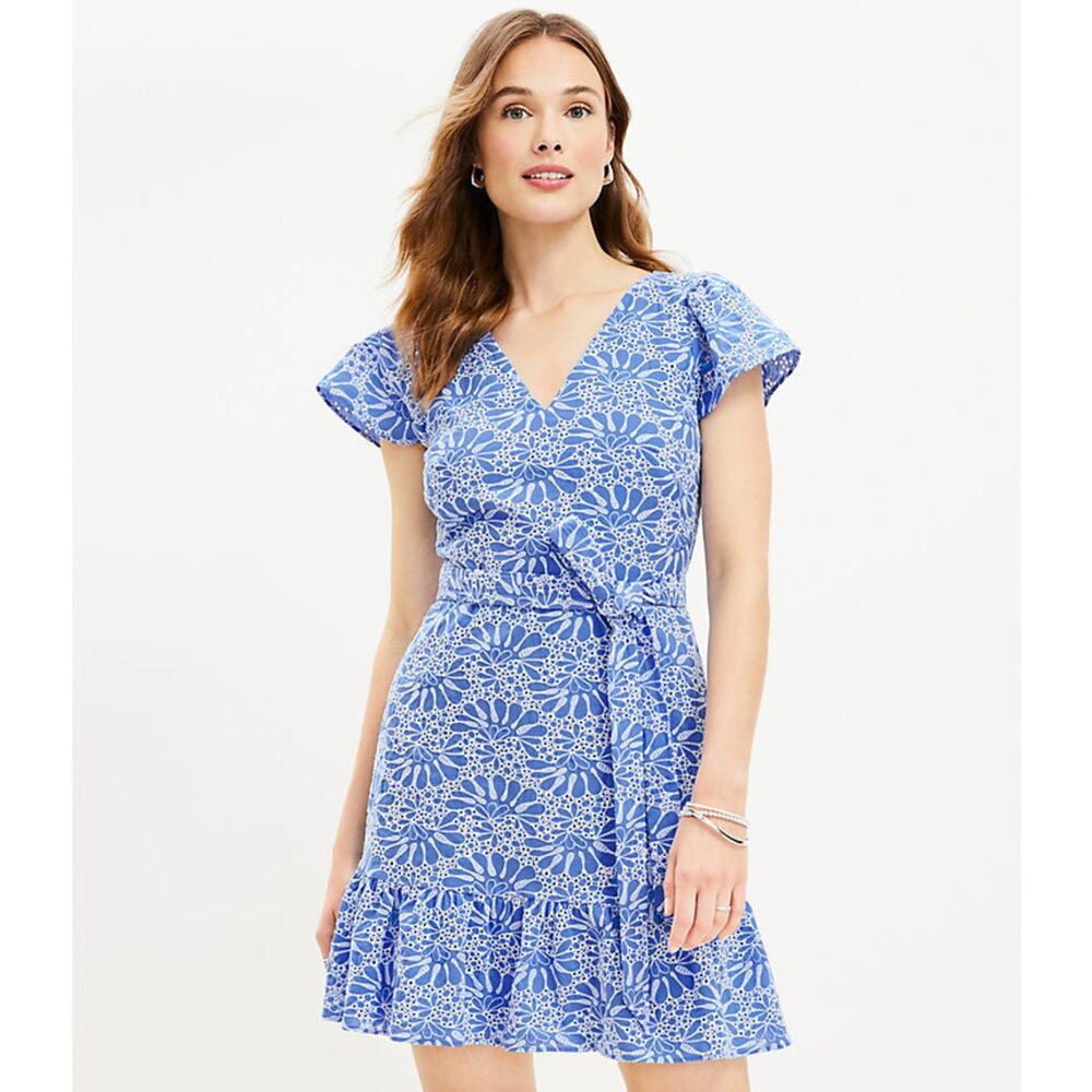 LOFT Flutter Sleeve Swing Dress PLUS / Size 14 / 100% Cotton / Eyelet / Belted